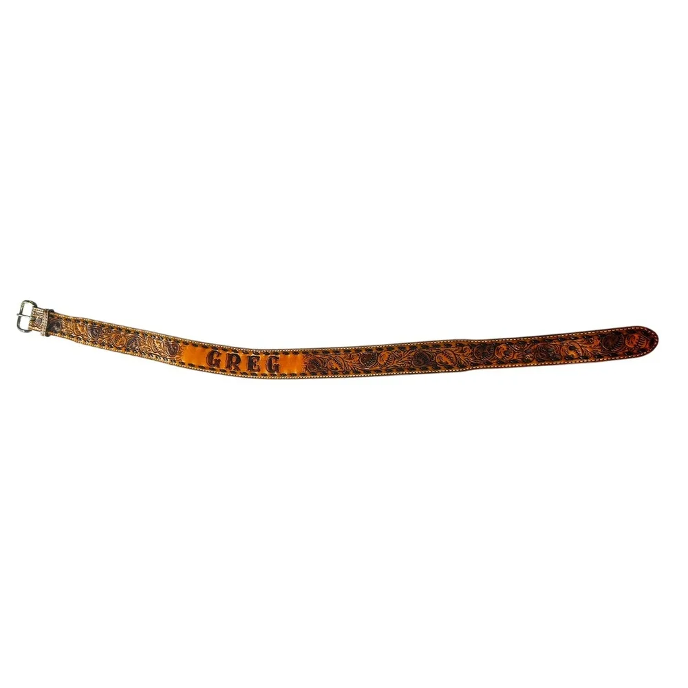 Dundee Full Grain Cowhide Leather Belt GREG‎ Size 32 Embossed Gold Buckle 429B